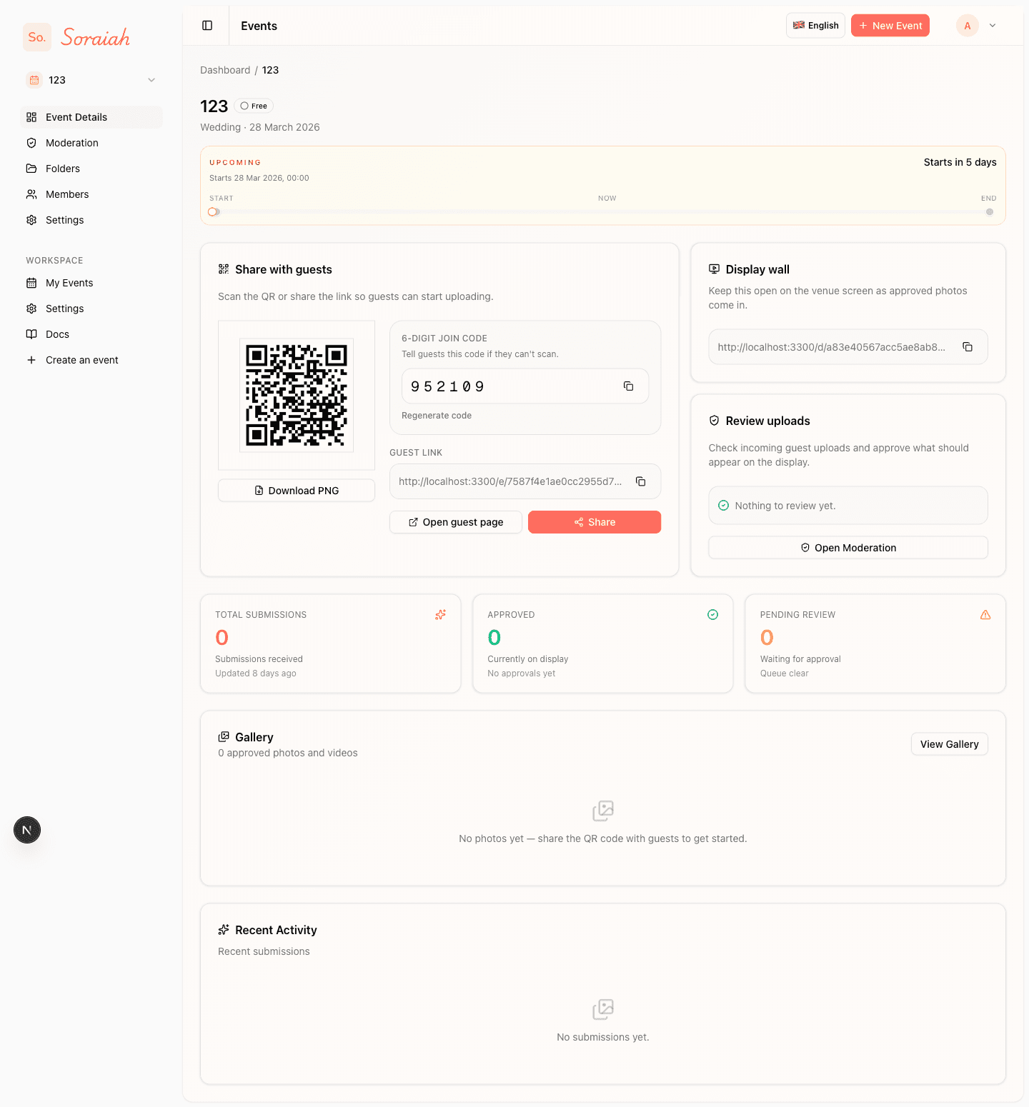 Event overview page with QR code for guest access.