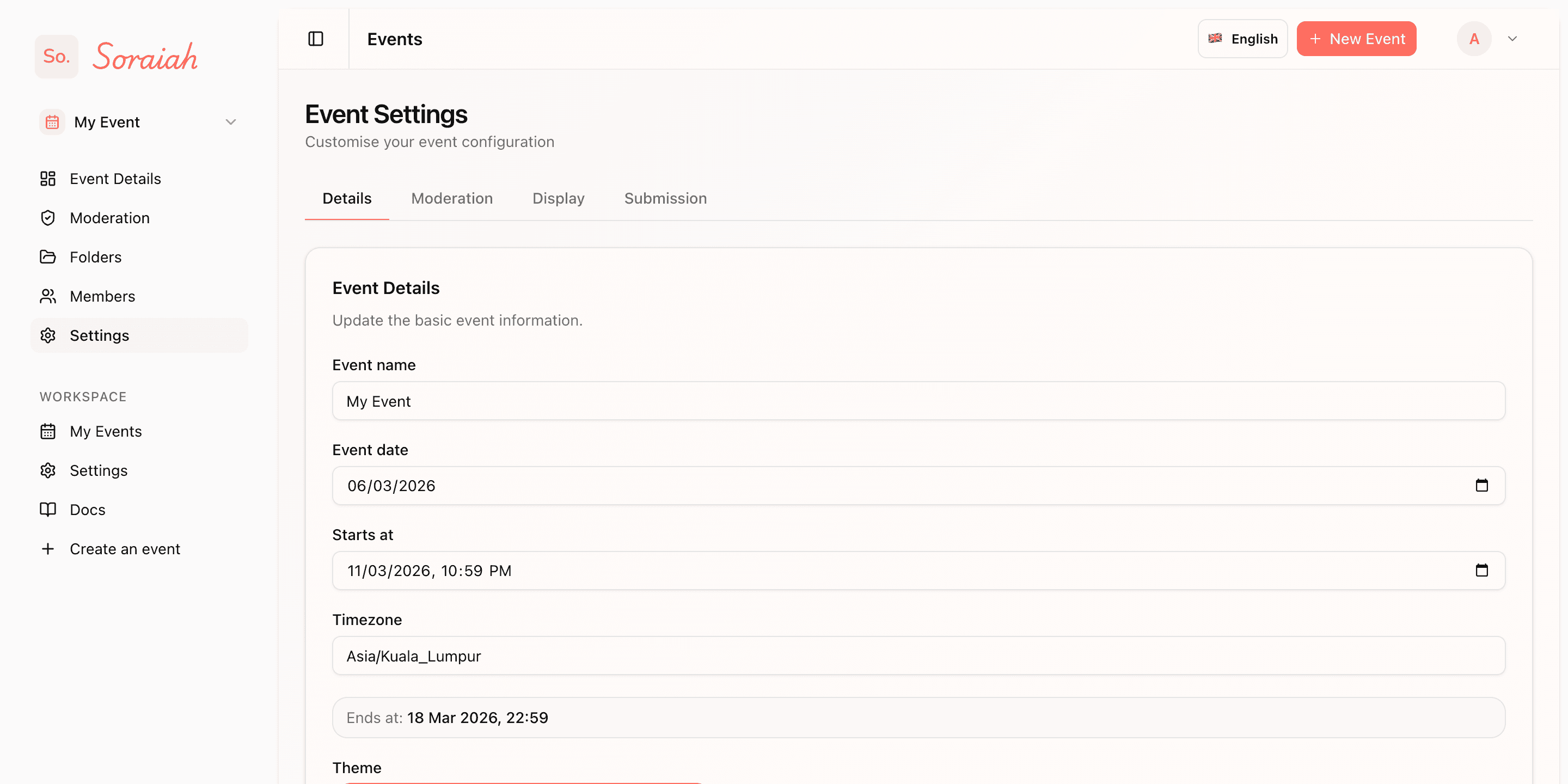 Event settings page with wedding configuration details.