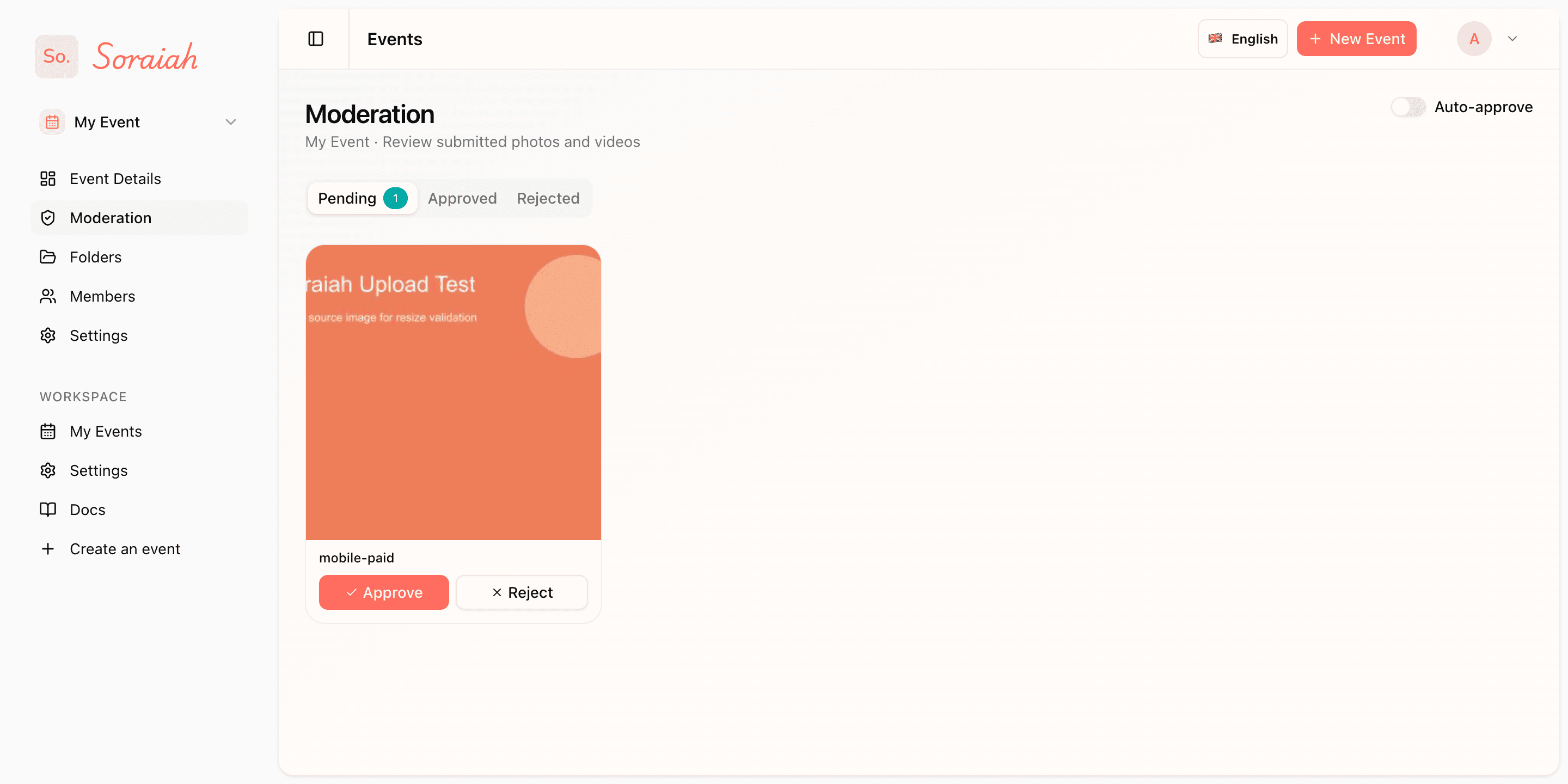 Moderation queue showing pending guest uploads.