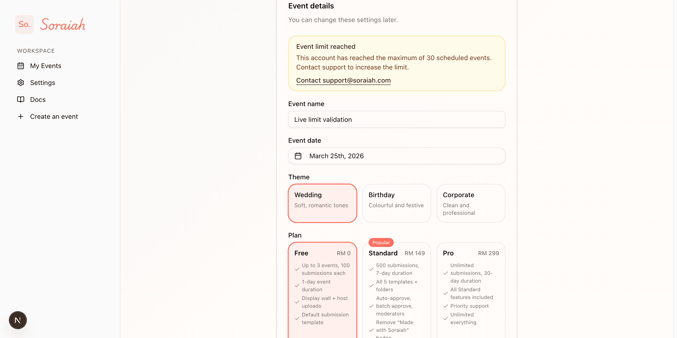 Create-event support banner shown when the 30 scheduled event limit is reached
