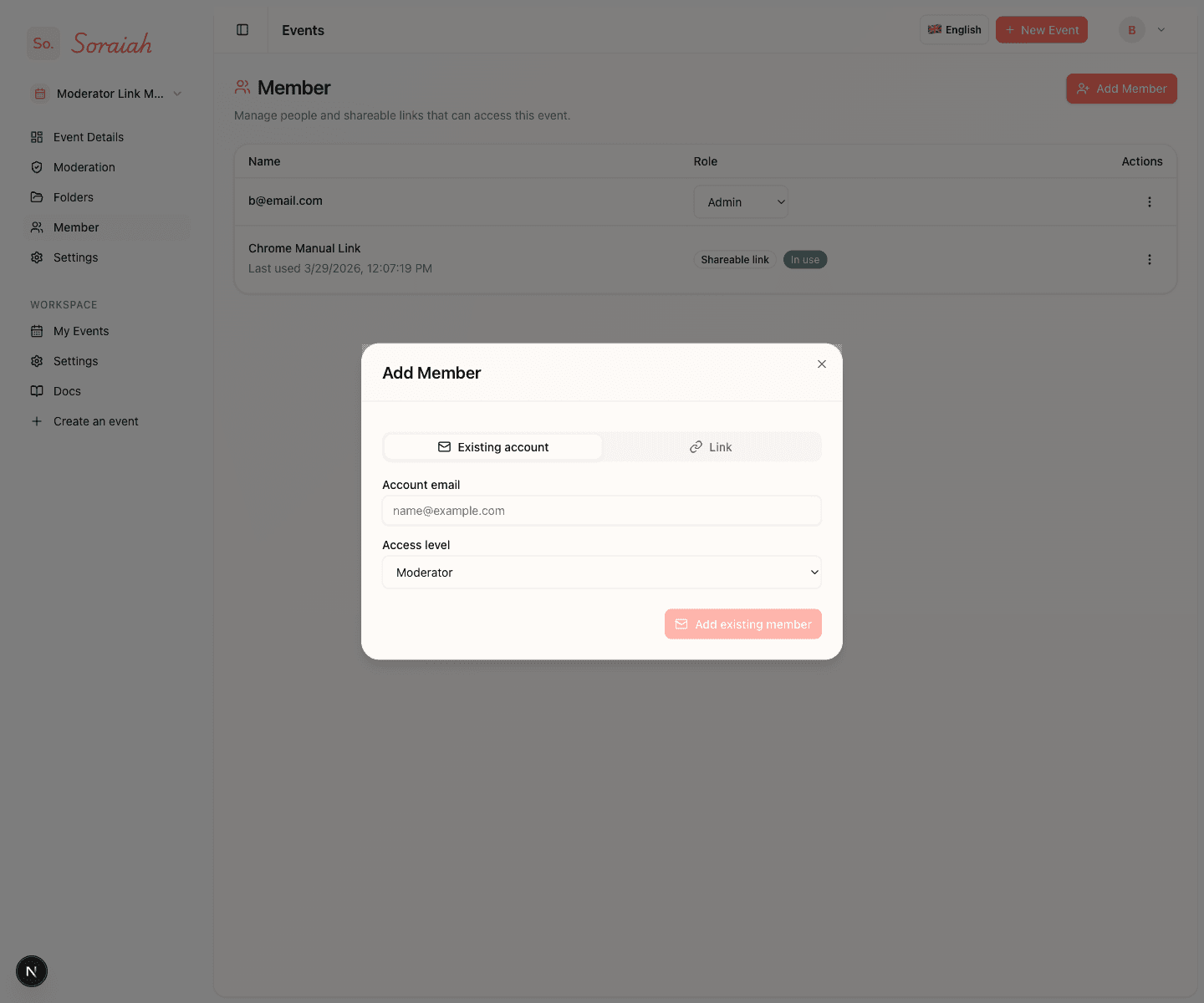 Add Member dialog on the Existing account tab