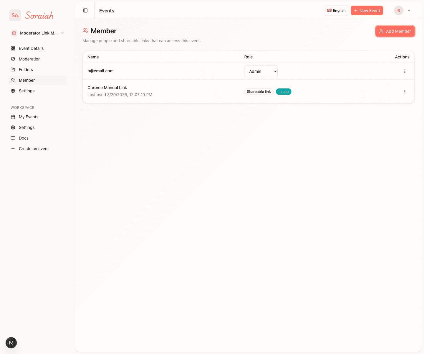 Member page showing existing people and shareable links
